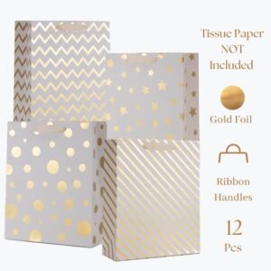 UNIQOOO 12PCS Metallic Gold Christmas Gift Bags Bulk with Handle, Large 12.5 x10 Inch, Assorted Modern Geometric Paper Gift Wrap Bags, For Valentines Day Holiday Birthday Wedding Gift Packaging Decor