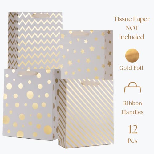 UNIQOOO 12PCS Metallic Gold Christmas Gift Bags Bulk with Handle, Large 12.5 x10 Inch, Assorted Modern Geometric Paper Gift Wrap Bags, For Valentines Day Holiday Birthday Wedding Gift Packaging Decor