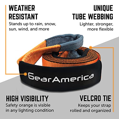 GearAmerica Tow Straps Heavy Duty with Loops 4" x 30' – 40,000 lbs (20 US Tons) Strength – Emergency Off Road Towing & Recovery – Triple Reinforced Loops, Protective Sleeves & Storage Bag