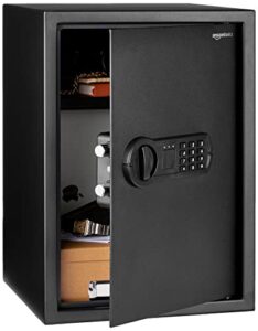 amazon basics steel home security safe with programmable keypad lock, secure documents, jewelry, valuables, 1.8 cubic feet, black, 13.8"w x 13"d x 19.7"h