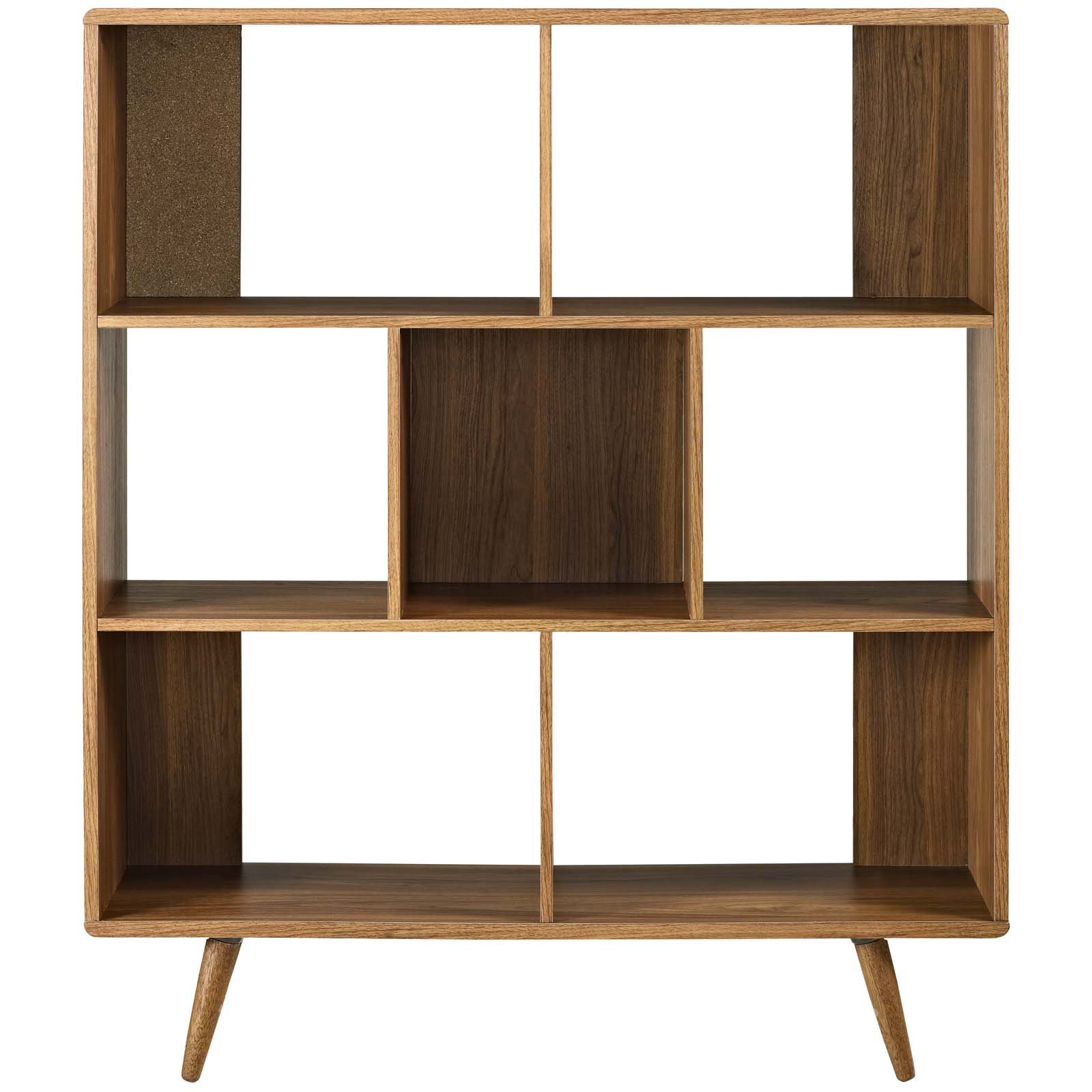 Modway Transmit Mid-Century Offset Cube Wood 7 tier Bookcase in Walnut