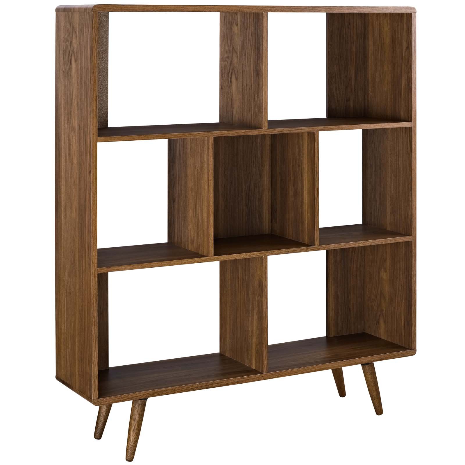 Modway Transmit Mid-Century Offset Cube Wood 7 tier Bookcase in Walnut