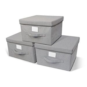 primary designs pack of 3 collapsible closet storage cloth bins with strong dust proof lids and handles, grey, large size (16.5"x12"x10")