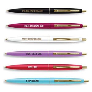 snarky boss lady pen set in brilliant multicolor - set of 6 refillable black ink ballpoint click clic pens