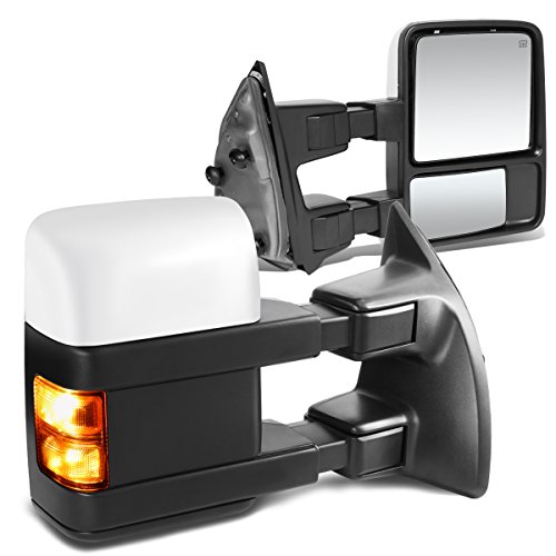 Pair of Rear View Side Towing Mirrors - Manual Telescoping | Power Adjust | Heated Glass | Amber LED Turn Signal - Compatible with Ford F250-F550 Super Duty 99-07, Driver and Passenger Side, Chrome