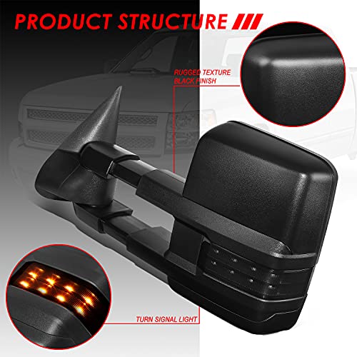 Pair Black Power Heated Smoked LED Turn Signal Lights Tow Mirrors Compatible with Silverado Tahoe Sierra Yukon 03-07