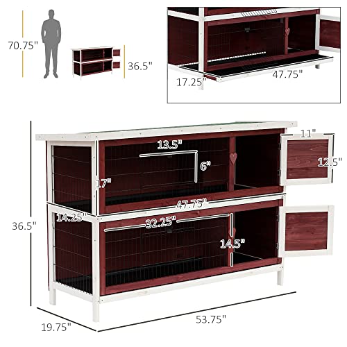 PawHut 54" 2-Story Rabbit Hutch Bunny Cage with Openable Roof, No Leak Tray and Fun Enclosed Run, Indoor/Outdoor