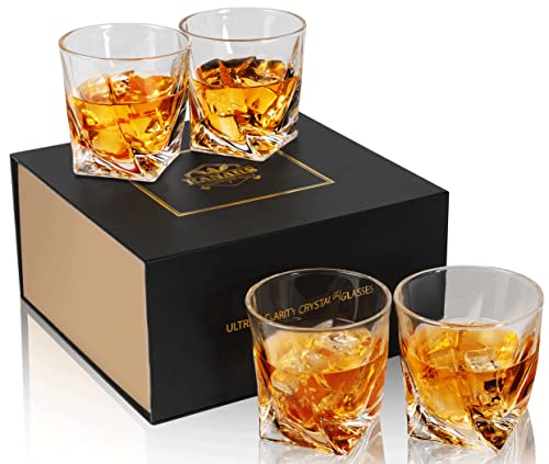 KANARS Whiskey Glasses Set of 4, 10 Oz Crystal Old Fashioned Cocktail Glass in Gift Box, Lowball Bourbon Tumbler for Scotch Whisky Cognac, Rock Barware for Men Gift