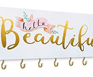 SANY DAYO HOME Hello Beautiful Wall Mount Necklace Holder Organizer with 9 Jewelry Hooks for Ring, Hair Bow, Headband, Purse - Wall Decor for Girls Room