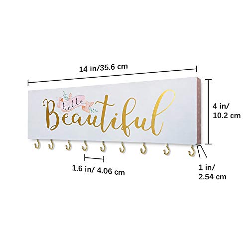 SANY DAYO HOME Hello Beautiful Wall Mount Necklace Holder Organizer with 9 Jewelry Hooks for Ring, Hair Bow, Headband, Purse - Wall Decor for Girls Room