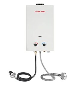 tankless water heater, gasland outdoors propane water heater 10l bs264 2.64gpm, instant hot water heater for cabin, camp water heater for rv, overheating protection, easy to install, white