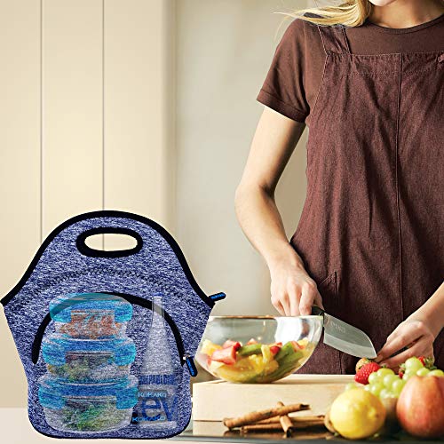 KOKAKO Lunch Boxes Neoprene Small Lunch Bag Tote Washable Insulated Waterproof for Men Women Kids(GrayBlue-WithPocket)