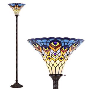 jonathan y jyl8006a peacock tiffany-style 70" torchiere led floor lamp, tiffany, traditional, art nouveau style, office, bedroom, living room, family room, dining room, hallway, foyer, bronze