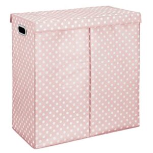 mDesign Extra Large Upright Double Laundry Hamper Basket with Hinged Lid and Handles - Portable and Foldable for Compact Storage in Baby Nursery, Kid Bedroom, Playroom - Pink/White Polka Dots