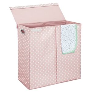 mdesign extra large upright double laundry hamper basket with hinged lid and handles - portable and foldable for compact storage in baby nursery, kid bedroom, playroom - pink/white polka dots