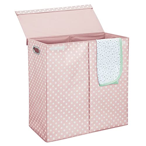 mDesign Extra Large Upright Double Laundry Hamper Basket with Hinged Lid and Handles - Portable and Foldable for Compact Storage in Baby Nursery, Kid Bedroom, Playroom - Pink/White Polka Dots