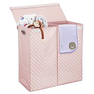 mDesign Extra Large Upright Double Laundry Hamper Basket with Hinged Lid and Handles - Portable and Foldable for Compact Storage in Baby Nursery, Kid Bedroom, Playroom - Pink/White Polka Dots