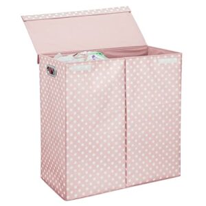 mDesign Extra Large Upright Double Laundry Hamper Basket with Hinged Lid and Handles - Portable and Foldable for Compact Storage in Baby Nursery, Kid Bedroom, Playroom - Pink/White Polka Dots