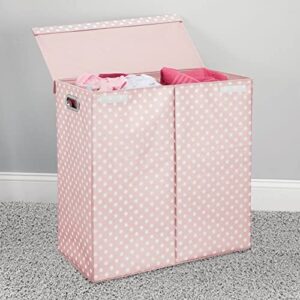 mDesign Extra Large Upright Double Laundry Hamper Basket with Hinged Lid and Handles - Portable and Foldable for Compact Storage in Baby Nursery, Kid Bedroom, Playroom - Pink/White Polka Dots