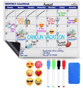 familygroup magnetic fridge calendar - white magnetic dry erase board for fridge with 6 emoji magnets, 4 color markers, eraser, refrigerator calendar with notes & reminders for kids and adults (16x12)