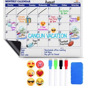FamilyGroup Magnetic Fridge Calendar - White Magnetic Dry Erase Board for Fridge with 6 Emoji Magnets, 4 Color Markers, Eraser, Refrigerator Calendar with Notes & Reminders For Kids And Adults (16x12)