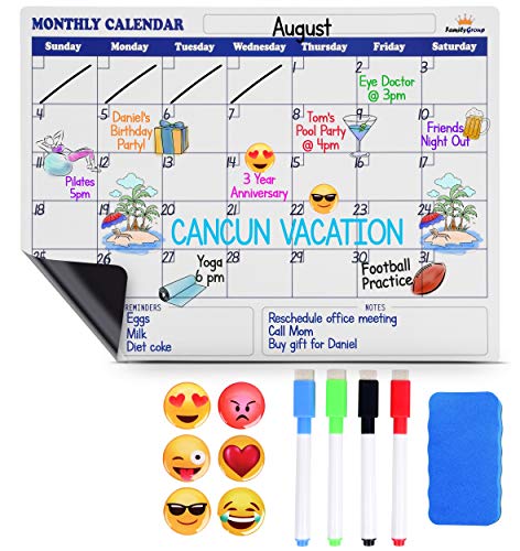 FamilyGroup Magnetic Fridge Calendar - White Magnetic Dry Erase Board for Fridge with 6 Emoji Magnets, 4 Color Markers, Eraser, Refrigerator Calendar with Notes & Reminders For Kids And Adults (16x12)