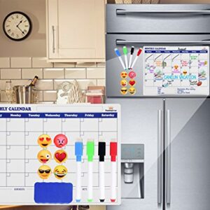 FamilyGroup Magnetic Fridge Calendar - White Magnetic Dry Erase Board for Fridge with 6 Emoji Magnets, 4 Color Markers, Eraser, Refrigerator Calendar with Notes & Reminders For Kids And Adults (16x12)