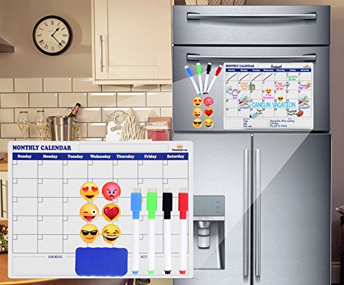 FamilyGroup Magnetic Fridge Calendar - White Magnetic Dry Erase Board for Fridge with 6 Emoji Magnets, 4 Color Markers, Eraser, Refrigerator Calendar with Notes & Reminders For Kids And Adults (16x12)