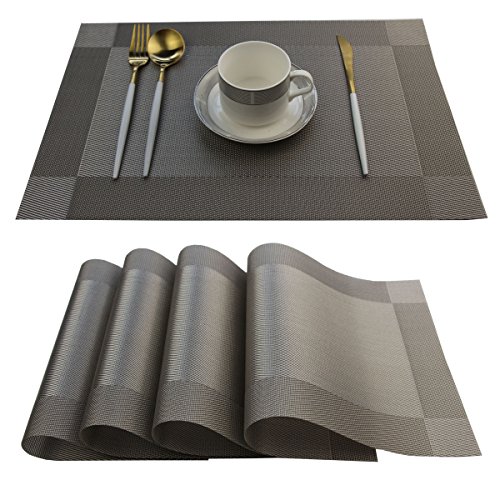 Bright Dream Placemats Easy to Clean Plastic Placemat Washable for Kitchen Table Heat-resistand Woven Vinyl Table Mats 12x18 inches Set of 4 (Grey