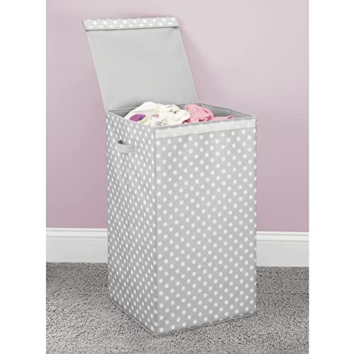 mDesign Large Laundry Hamper Basket with Hinged Lid - Portable and Foldable for Compact Storage - Single Hamper Design for Nursery, Girl's Room, Kid's Playroom - Fun Polka Dot Print - Gray/White Dots