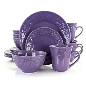 elama embossed stoneware elegant round dinnerware dish set, 16 piece set, lilac purple