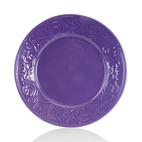 Elama Embossed Stoneware Elegant Round Dinnerware Dish Set, 16 Piece Set, Lilac Purple