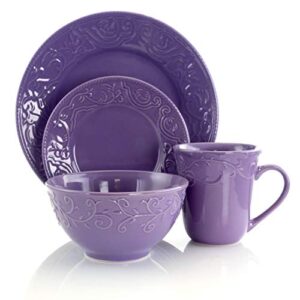 Elama Embossed Stoneware Elegant Round Dinnerware Dish Set, 16 Piece Set, Lilac Purple