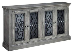 signature design by ashley mirimyn vintage 65" 4-door accent cabinet with clear glass inlay and 2 adjustable shelves, gray