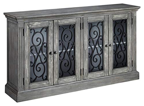 Signature Design by Ashley Mirimyn Vintage 65" 4-Door Accent Cabinet with Clear Glass Inlay and 2 Adjustable Shelves, Gray