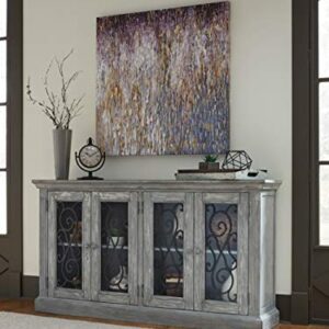 Signature Design by Ashley Mirimyn Vintage 65" 4-Door Accent Cabinet with Clear Glass Inlay and 2 Adjustable Shelves, Gray