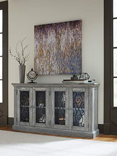 Signature Design by Ashley Mirimyn Vintage 65" 4-Door Accent Cabinet with Clear Glass Inlay and 2 Adjustable Shelves, Gray