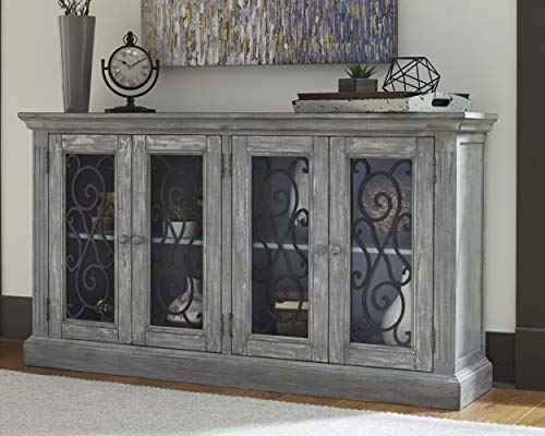 Signature Design by Ashley Mirimyn Vintage 65" 4-Door Accent Cabinet with Clear Glass Inlay and 2 Adjustable Shelves, Gray