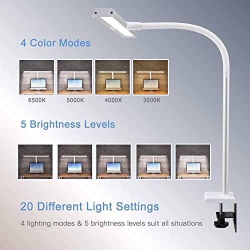 PHIVE LED Task Lamp, 20 Watt Super Bright Desk Lamp with Clamp, Dimmable Gooseneck Monitor Lamp(4 Color Modes, 5-Level Dimmer, Memory Function, Highly Adjustable Office Light/Workbench Lamp) Silver