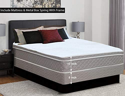 Mattress Comfort Medium Plush Eurotop Pillowtop Innerspring Mattress And 8" Metal Boxspring/Foundation Set, With Frame, Queen Size, off-white