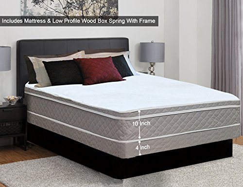 Mattress Comfort Medium Plush Eurotop Pillowtop Innerspring Mattress and 4" Low Profile Wood Boxspring/Foundation Set, with Frame, Twin, Size