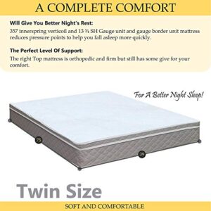 Mattress Comfort Medium Plush Eurotop Pillowtop Innerspring Mattress and 4" Low Profile Wood Boxspring/Foundation Set, with Frame, Twin, Size