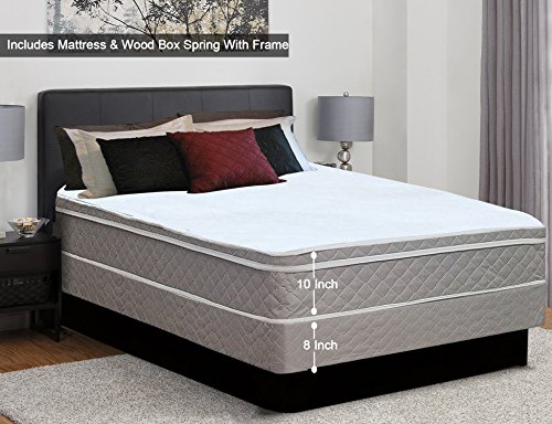 Mattress Comfort Medium Plush Eurotop Pillowtop Innerspring Mattress and 8" Wood Boxspring/Foundation Set, with Frame, Full, Size