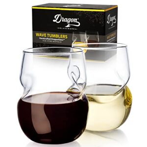 dragon glassware stemless wine glasses, clear glass with finger indentations, naturally aerates wine, unique and elegant drinkware, 16 oz capacity, set of 2