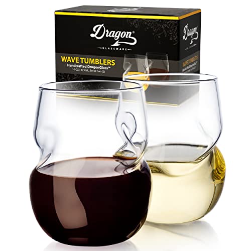 Dragon Glassware Stemless Wine Glasses, Clear Glass with Finger Indentations, Naturally Aerates Wine, Unique and Elegant Drinkware, 16 oz Capacity, Set of 2