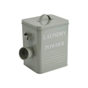 bloomingville farmhouse metal container with "laundry powder" message, lid, and scoop, grey