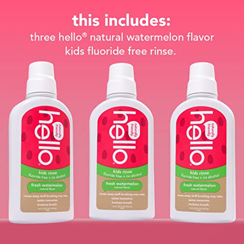 Hello Natural Watermelon Flavor Kids Fluoride Free Rinse, Alcohol Free, Vegan, SLS Free, Mouthwash for Kids Age 6 and Up, 16 Fl Oz (Pack of 3)