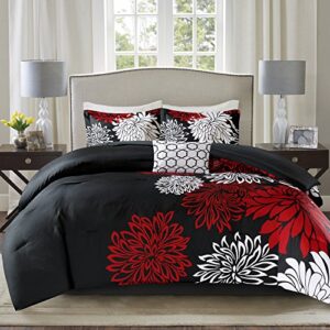 comfort spaces enya comforter set-modern floral design all season down alternative bedding, matching shams, bedskirt, decorative pillows, queen(90"x90"), red/black