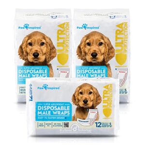 paw inspired disposable dog wraps | male dog diapers ultra protection | belly band for male dogs | excitable urination, incontinence, or male marking (36 count, small)
