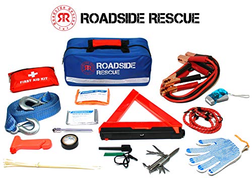 Roadside Emergency Assistance Kit - Packed 110 Premium Pieces & Rugged Bag - Car, Truck & RV Kit with Heavy Duty Jumper Cables • Heavy Duty Tow Strap • Safety Triangle • First Aid & more